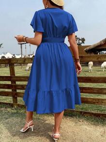 Breezaya Hơn áo tay bướm Xù Hoa Sen Đầm - Xanh đậm - Xem 2