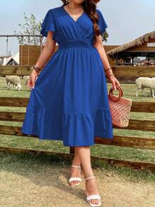 Breezaya Hơn áo tay bướm Xù Hoa Sen Đầm - Xanh đậm - Xem 8