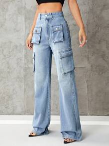 SHEIN ICON 翻蓋口袋工裝牛仔褲 - 淺色水洗藍 - 查看 1