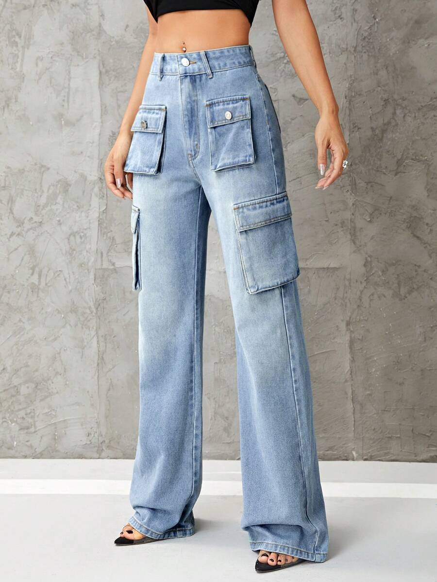 SHEIN ICON 翻蓋口袋工裝牛仔褲 - 淺色水洗藍 - 查看 1