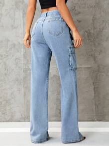 SHEIN ICON 翻蓋口袋工裝牛仔褲 - 淺色水洗藍 - 查看 2