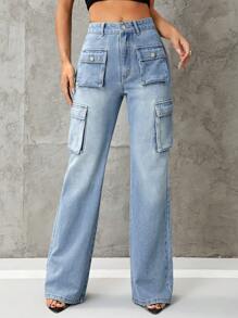 SHEIN ICON 翻蓋口袋工裝牛仔褲 - 淺色水洗藍 - 查看 3