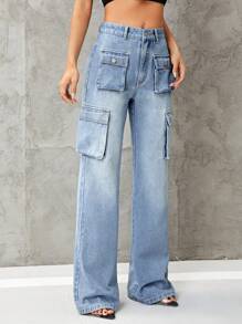SHEIN ICON 翻蓋口袋工裝牛仔褲 - 淺色水洗藍 - 查看 4