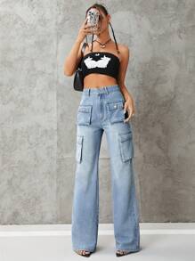 SHEIN ICON 翻蓋口袋工裝牛仔褲 - 淺色水洗藍 - 查看 6