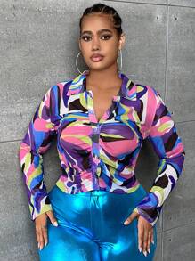 SHEIN SXY Hơn In Toàn bộ Viền mặt trước Lưới Áo - Nhiều màu - Xem 4