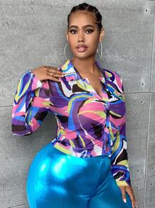 SHEIN SXY Hơn In Toàn bộ Viền mặt trước Lưới Áo - Nhiều màu - Xem 5