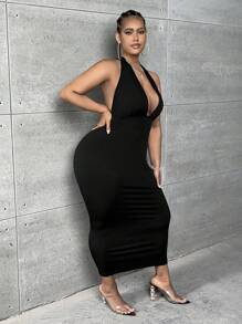 SHEIN SXY 大碼深V領露背緊身連衣裙