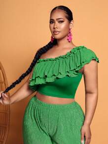 Slaydiva áo nữ kích thước lớn viền lá sen Xù phân lớp màu trơn Giải trí - màu xanh lá - Xem 2