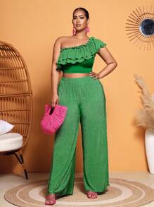 Slaydiva áo nữ kích thước lớn viền lá sen Xù phân lớp màu trơn Giải trí - màu xanh lá - Xem 4