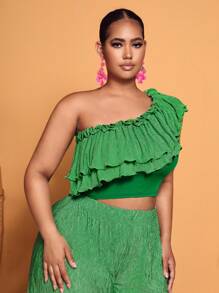 Slaydiva áo nữ kích thước lớn viền lá sen Xù phân lớp màu trơn Giải trí - màu xanh lá - Xem 5