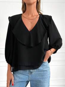 EURMUSE Ruffle Trim Lantern Sleeve Blouse - màu đen - Xem 1