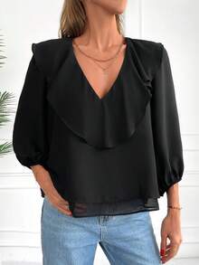 EURMUSE Ruffle Trim Lantern Sleeve Blouse - màu đen - Xem 3