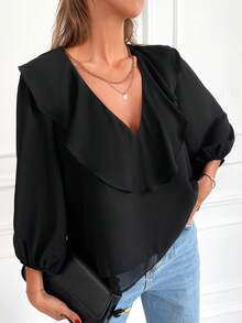 EURMUSE Ruffle Trim Lantern Sleeve Blouse - màu đen - Xem 5