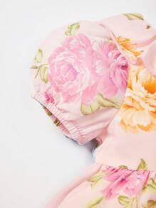 SHEIN 嬰兒印花荷葉邊泡泡袖連衣裙 - 彩色 - 查看 4