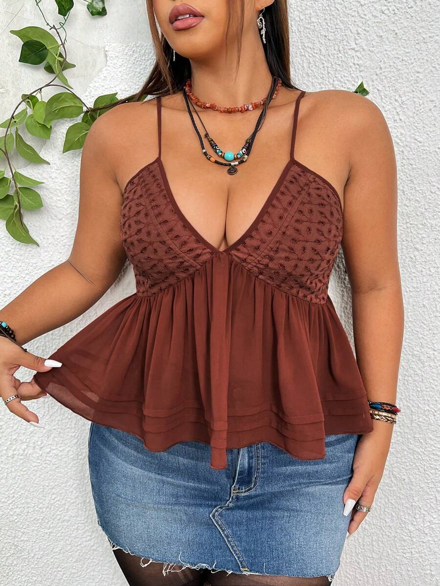 SHEIN Holidaya Plus Solid Peplum Cami Top - Rust Brown - View 1