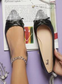 人造皮革蝴蝶結裝飾細部一腳蹬平底鞋 - 黑色 - 查看 3