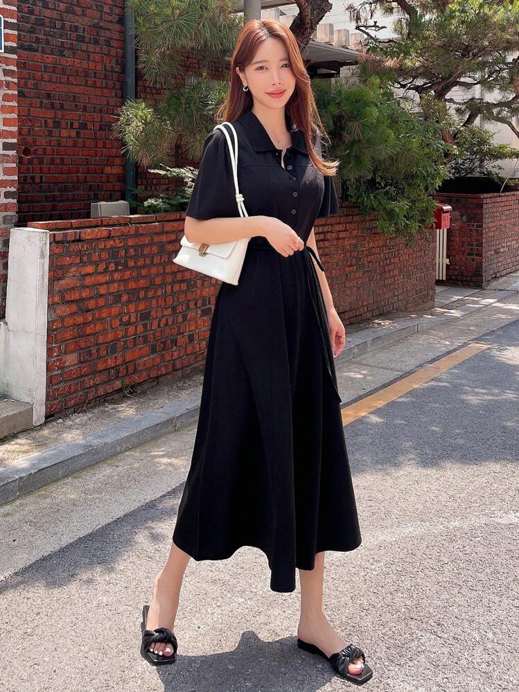 DAZY Solid Puff Sleeve Dress - Black - View 2