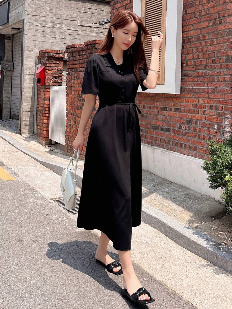 DAZY Solid Puff Sleeve Dress - Black - View 3