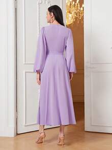 Modelyn Lantern Sleeve Pleated Hem Wrap Dress - Lilac Purple - View 2