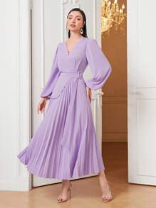 Modelyn Lantern Sleeve Pleated Hem Wrap Dress - Lilac Purple - View 1