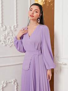 Modelyn Lantern Sleeve Pleated Hem Wrap Dress - Lilac Purple - View 5