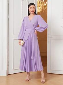 Modelyn Lantern Sleeve Pleated Hem Wrap Dress - Lilac Purple - View 6