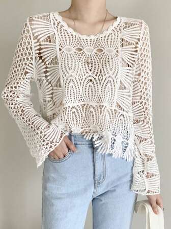 鏤空貝殼邊套頭毛衣