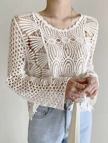 鏤空貝殼邊套頭毛衣 - 白色 - 查看 4