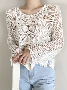 鏤空貝殼邊套頭毛衣 - 白色 - 查看 5