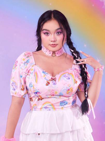 ROMWE X Care Bears Plus Cartoon Graphic Sweetheart Neck Puff Sleeve Blouse
