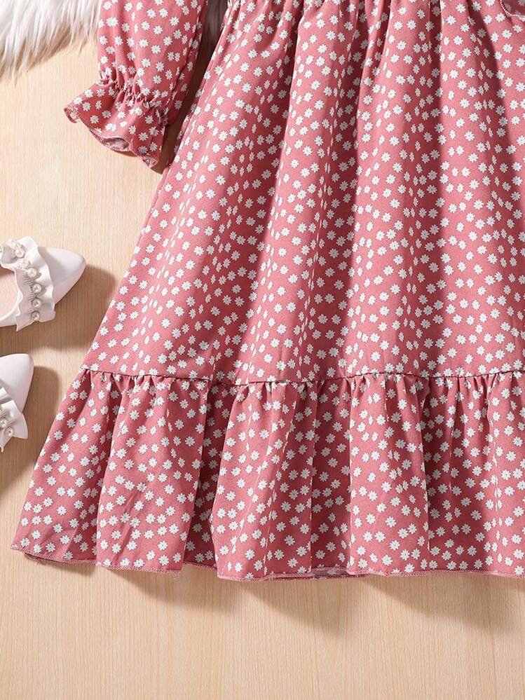 SHEIN Young Girl Ditsy Floral Print Flounce Sleeve Ruffle Hem Dress - Pink - View 3