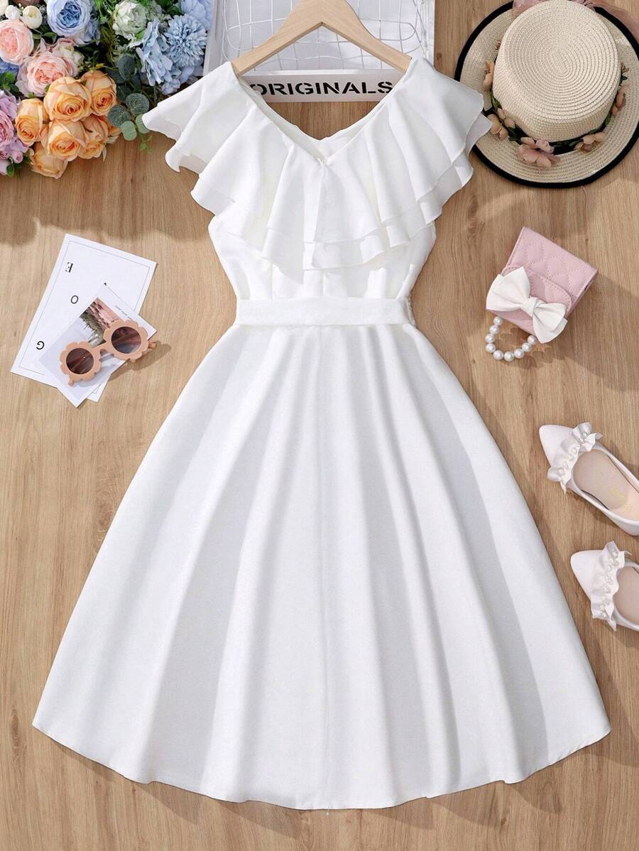 SHEIN Teen Girl Ruffle Layer Trim Belted Dress