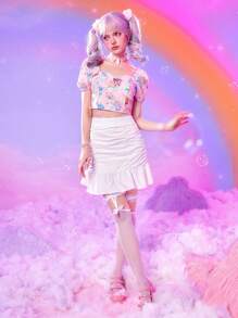 ROMWE X Care Bears Cartoon Graphic Puff Sleeve Crop Blouse - Pink - View 2