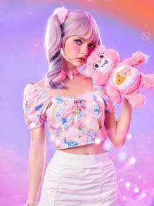ROMWE X Care Bears Cartoon Graphic Puff Sleeve Crop Blouse - Pink - View 6