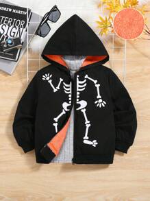 SHEIN 男小童休閒寬鬆適合萬聖節骷髏圖案絨毛熊橘色內襯連帽夾克,秋季,冬天