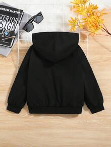 SHEIN 男小童休閒寬鬆適合萬聖節骷髏圖案絨毛熊橘色內襯連帽夾克,秋季,冬天