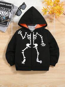 SHEIN 男小童休閒寬鬆適合萬聖節骷髏圖案絨毛熊橘色內襯連帽夾克,秋季,冬天