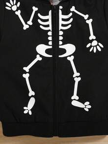 SHEIN 男小童休閒寬鬆適合萬聖節骷髏圖案絨毛熊橘色內襯連帽夾克,秋季,冬天