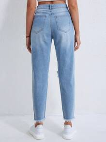 SHEIN EZwear Ripped Raw Hem Mom Fit Jeans - Light Wash - View 2