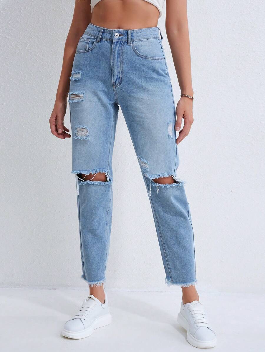 SHEIN EZwear Ripped Raw Hem Mom Fit Jeans - Light Wash - View 1