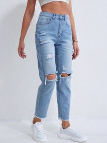 SHEIN EZwear Ripped Raw Hem Mom Fit Jeans - Light Wash - View 5