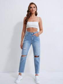 SHEIN EZwear Ripped Raw Hem Mom Fit Jeans - Light Wash - View 7