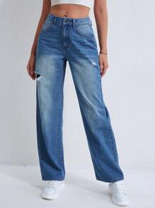 SHEIN Unity Chi tiết Ripped Quần jean - Rửa trung bình - Xem 3