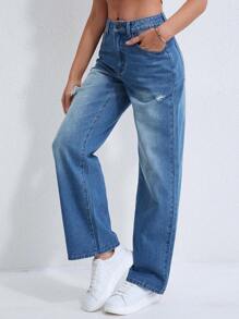 SHEIN Unity Chi tiết Ripped Quần jean - Rửa trung bình - Xem 1