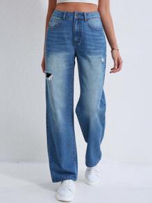 SHEIN Unity Chi tiết Ripped Quần jean - Rửa trung bình - Xem 4
