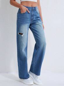 SHEIN Unity Chi tiết Ripped Quần jean - Rửa trung bình - Xem 5