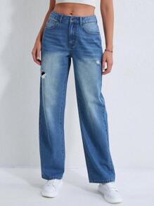 SHEIN Unity Chi tiết Ripped Quần jean - Rửa trung bình - Xem 6