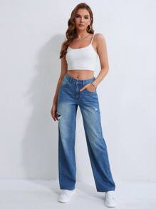 SHEIN Unity Chi tiết Ripped Quần jean - Rửa trung bình - Xem 7