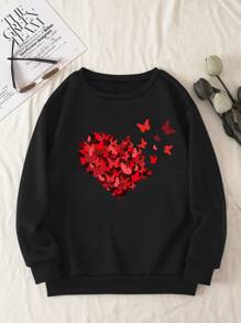 SHEIN LUNE Butterfly Print Thermal Lined Sweatshirt - Black - View 1