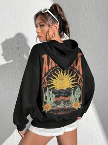 SHEIN EZwear 休闲印花图案连帽长袖宽松女式运动衫 - 黑色 - 查看 2